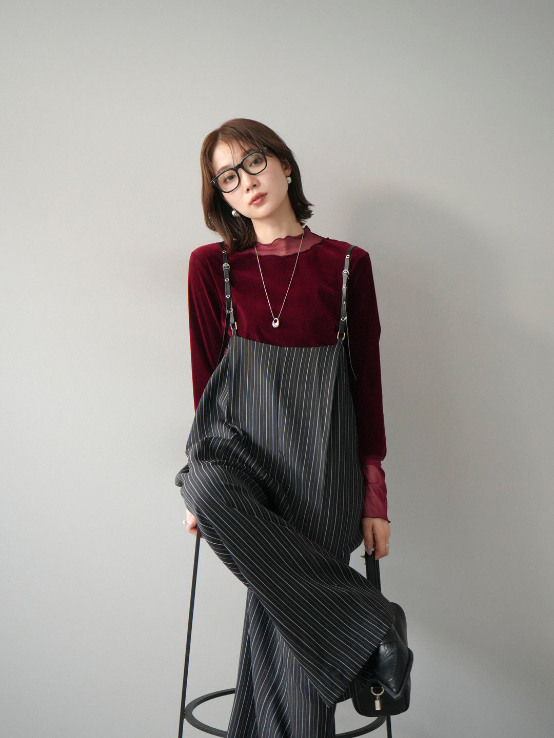 [予約]ヘリンボーンストライプサロペット/ブラック