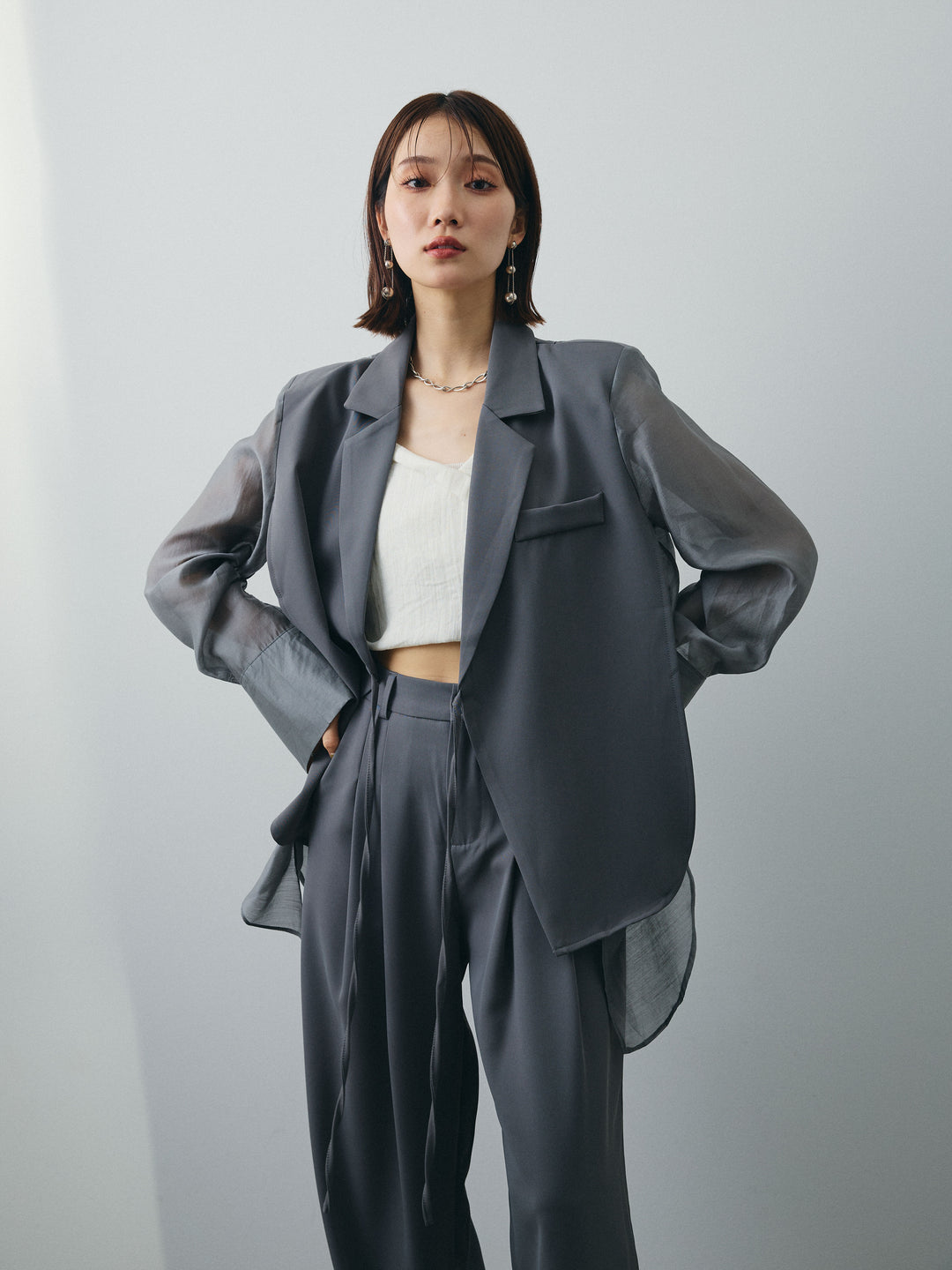[SET]シアー切替テーラードジャケット+リネンライクカシュクールデザインビスチェ+2タックワイドパンツ(3set)