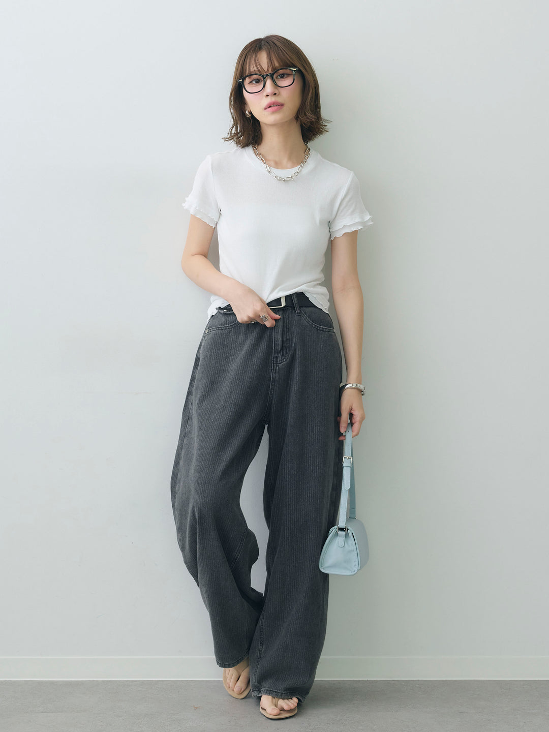 [SET]メロートリムレイヤードTEE+ニュアンスウォッシュカーブデニム(2set)