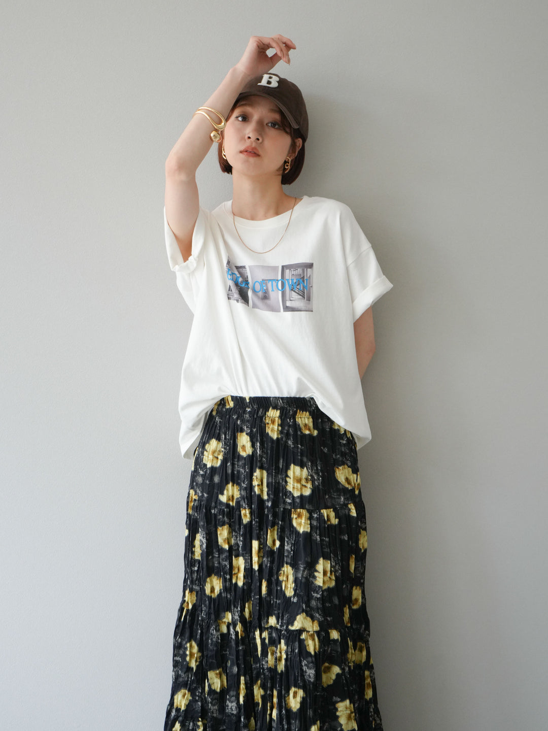 [SET]ネオンロゴコラージュフォトプリントオーバーTシャツ+フラワーワッシャーロングスカート(2set)