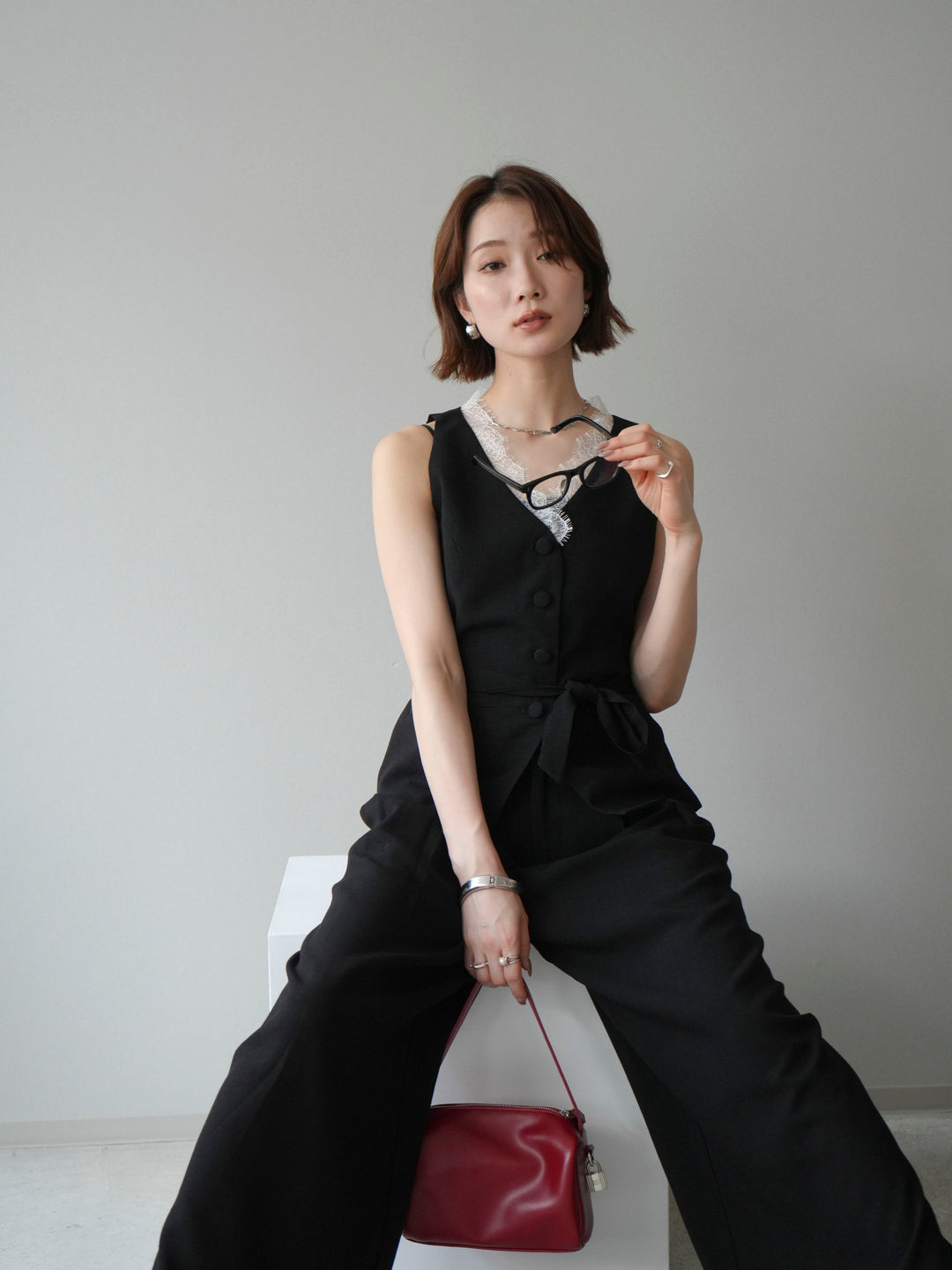 【套裝】蕾絲邊背心和垂褶褲套裝（2 套）