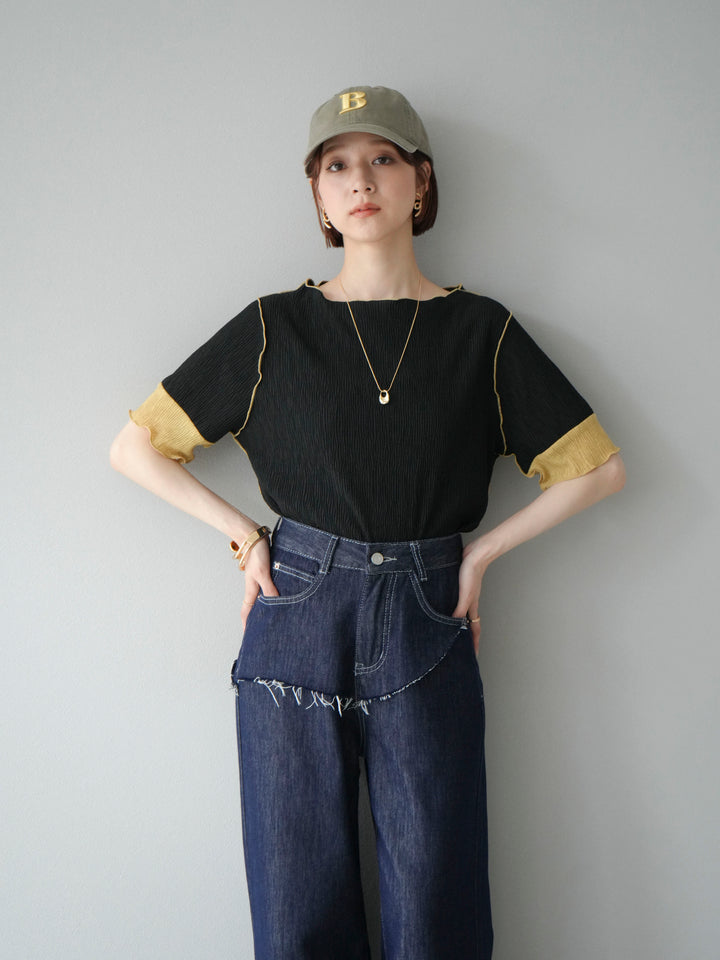 [SET] 百褶同色船領套頭衫 + 臀部設計牛仔褲（2 件組）