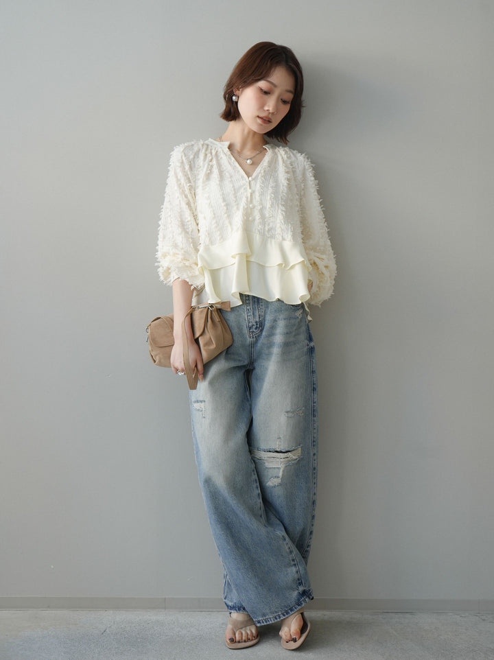 [SET]ジャガードぺプラムフリルブラウス+ダメージデニムセミワイドパンツ(2set)