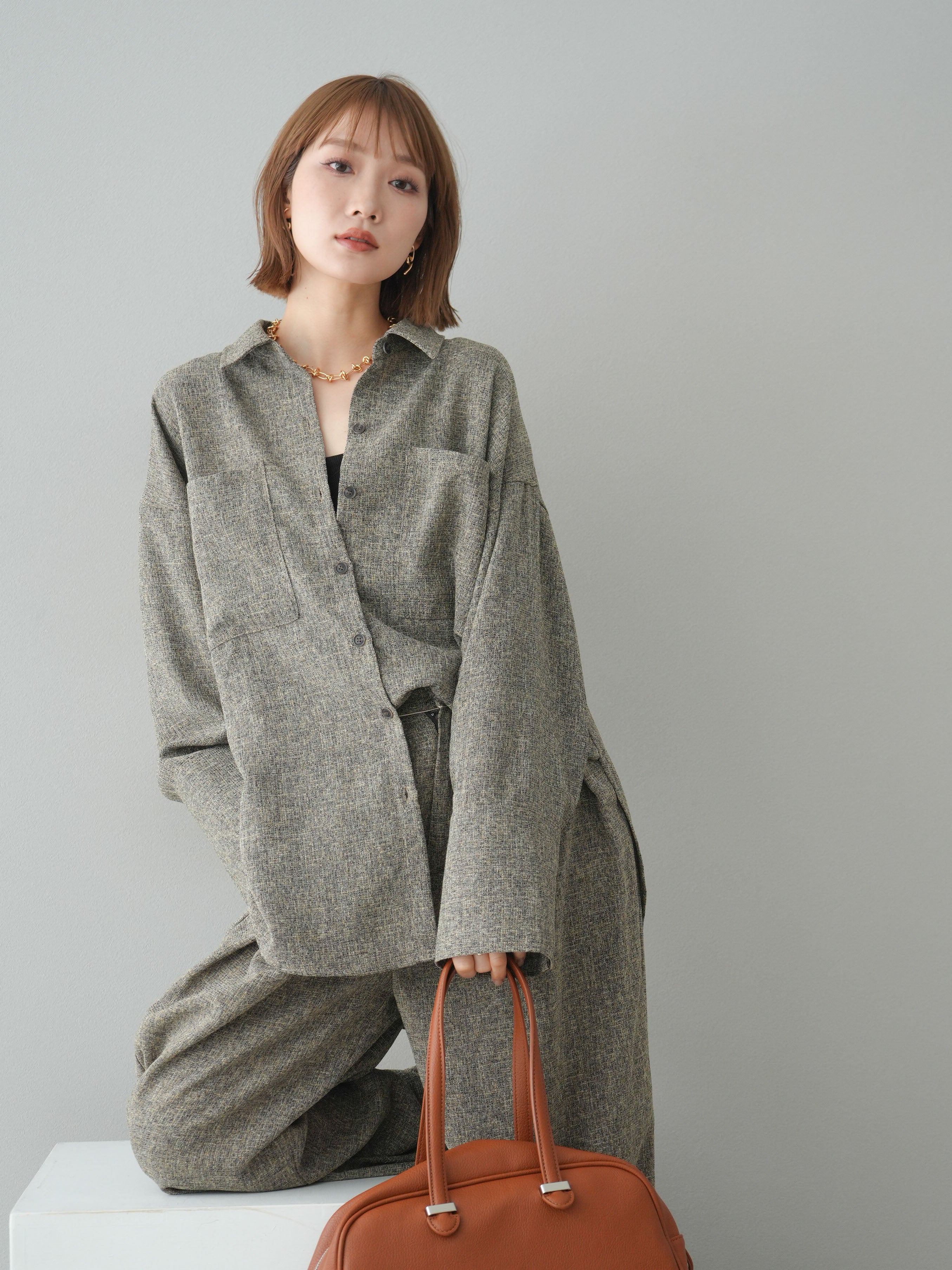 予約]サマーツイードビッグカフスオーバーシャツ/ブラウン – Lumier