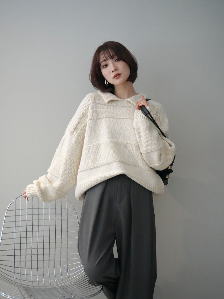 [予約]襟付きボーダー編みニットプルオーバー/ivory