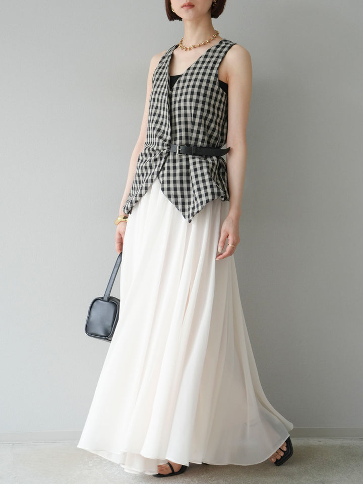 [SET]ベルトデザインバルーンブラウス+シフォンフレアスカート(2set)