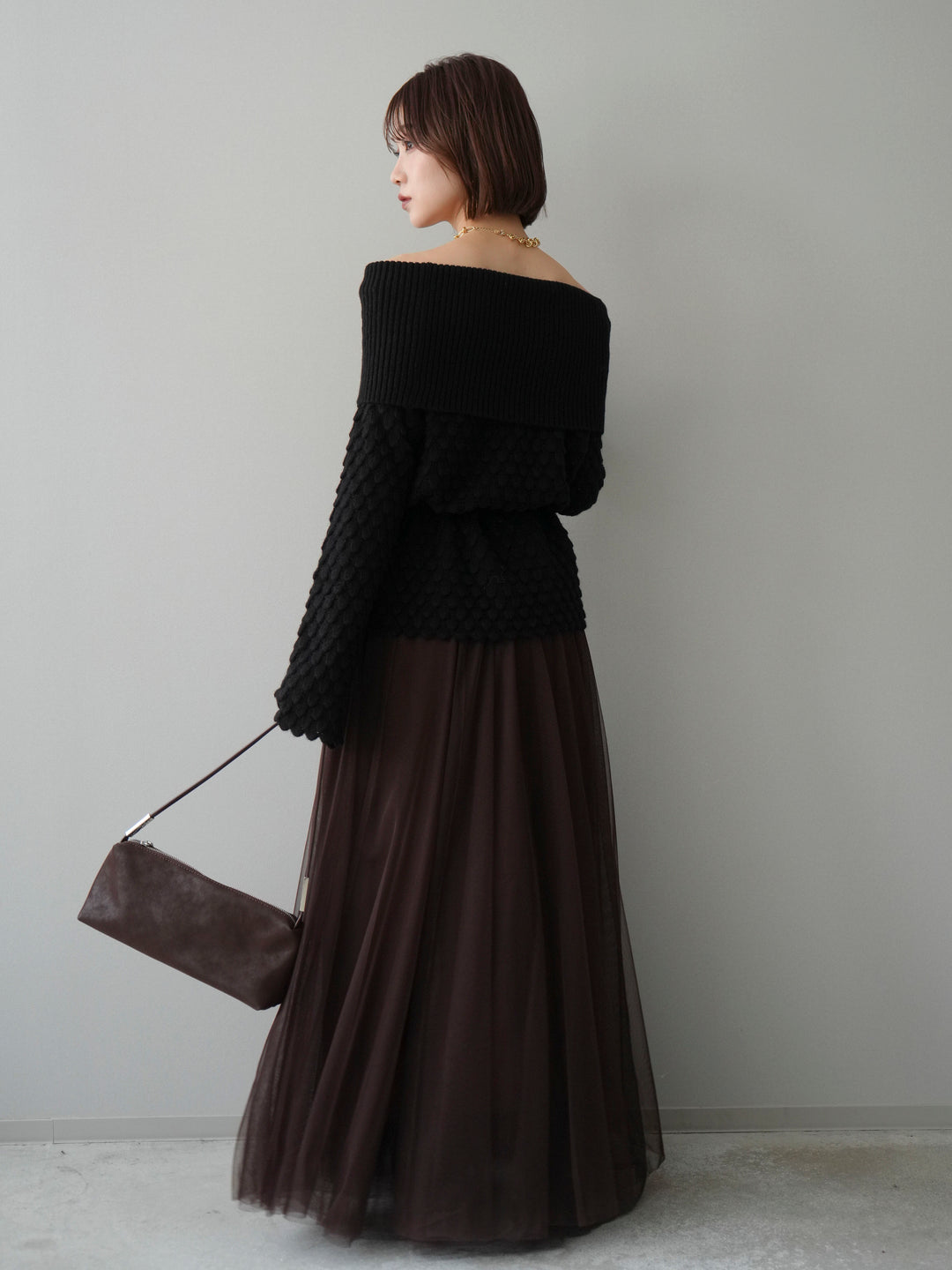 [SET]ポコポコ編みオフショルニットプルオーバー+チュールボリュームスカート(2set)