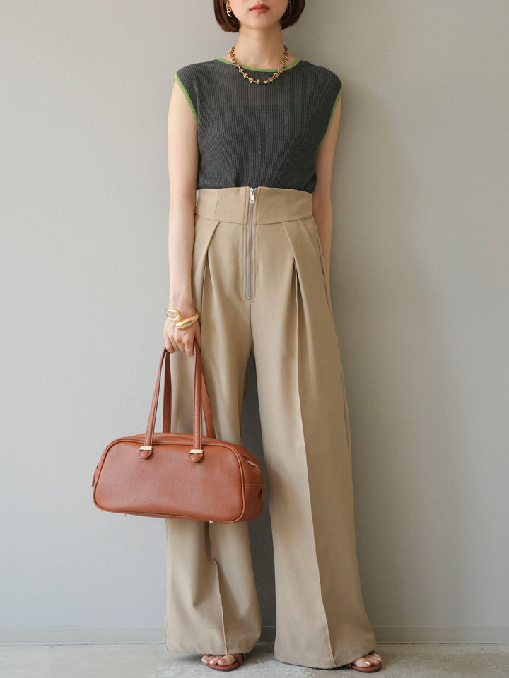 [予約]リネンタッチ配色ニットノースリーブプルオーバー/チャコール