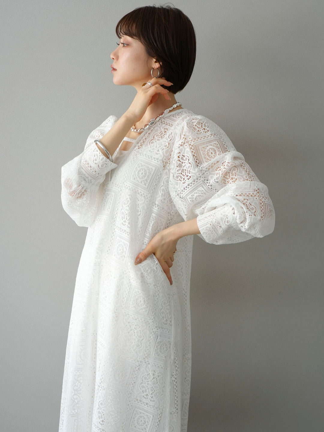 [Pre-order] Block Lace Volume Sleeve Dress/White