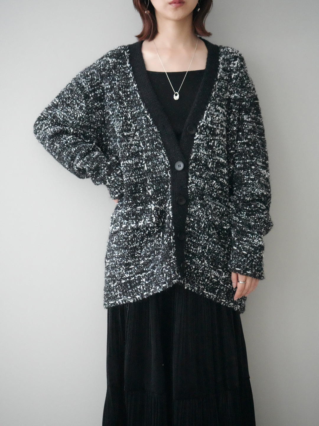 [SET]モールネップニットカーディガン+ベロアティアードワッシャースカート(2set)