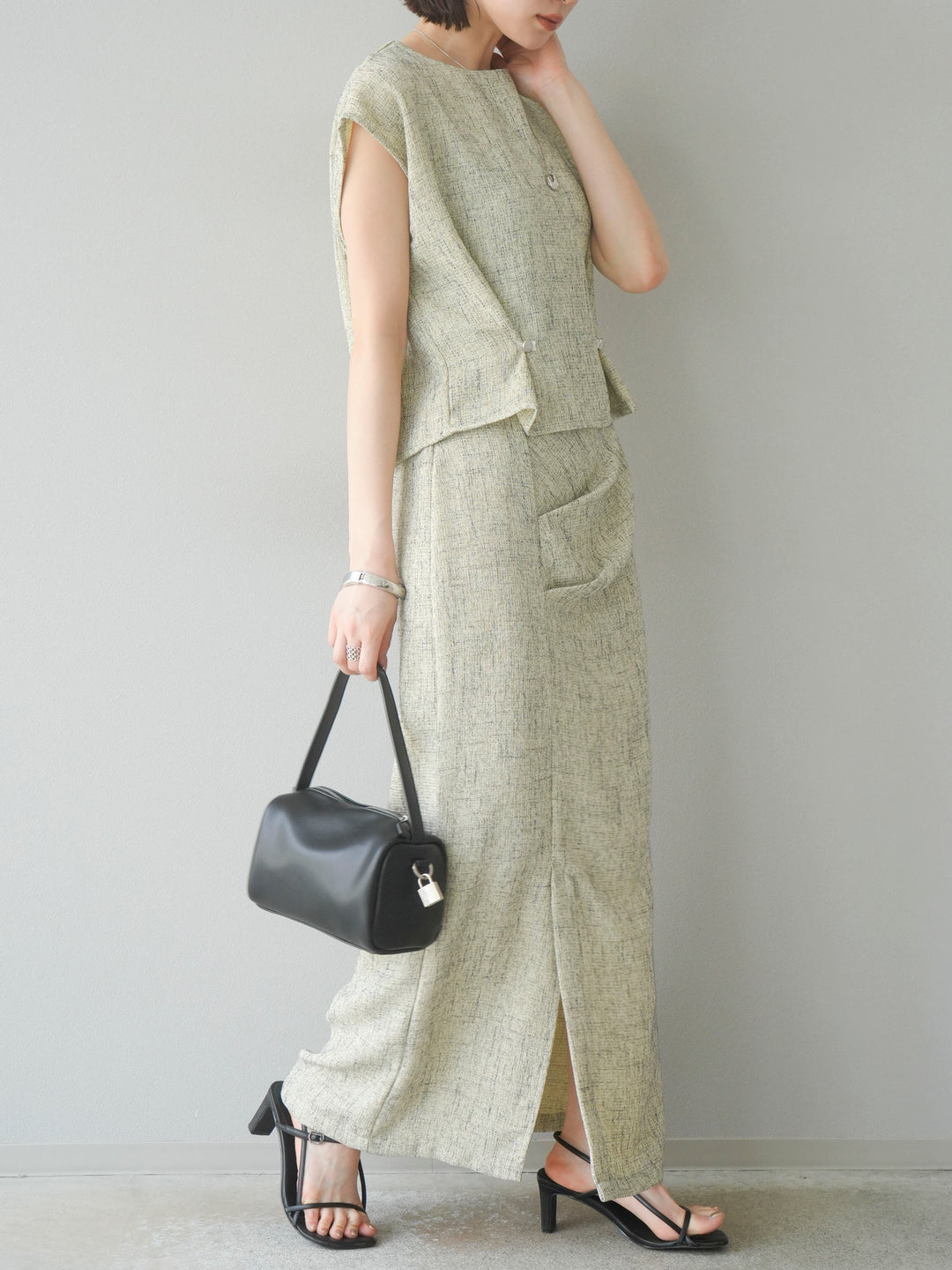 [予約]サマーツイードタックサイドスリットスカート/ベージュ