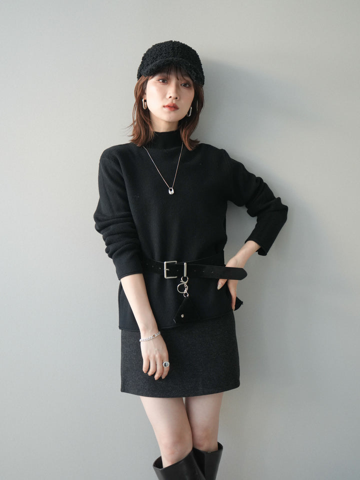 [予約]ボトルネック裾カールリブニットトップス/black