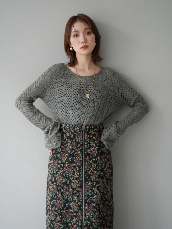 [予約]透かし編みニットトップス/グレー