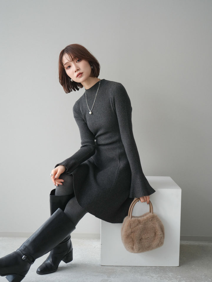 【預購】喇叭形羅紋針織迷你洋裝 / 灰色