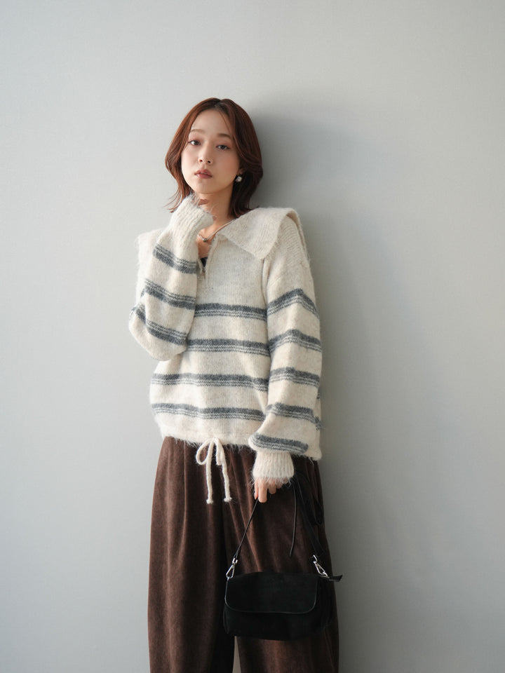 [予約]ハーフジップボーダーニットプルオーバー/ivory