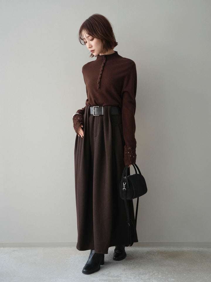 [SET]袖スカラップレースフロントボタンウールニットトップス+ベルト付きベルトループスカート(2set)