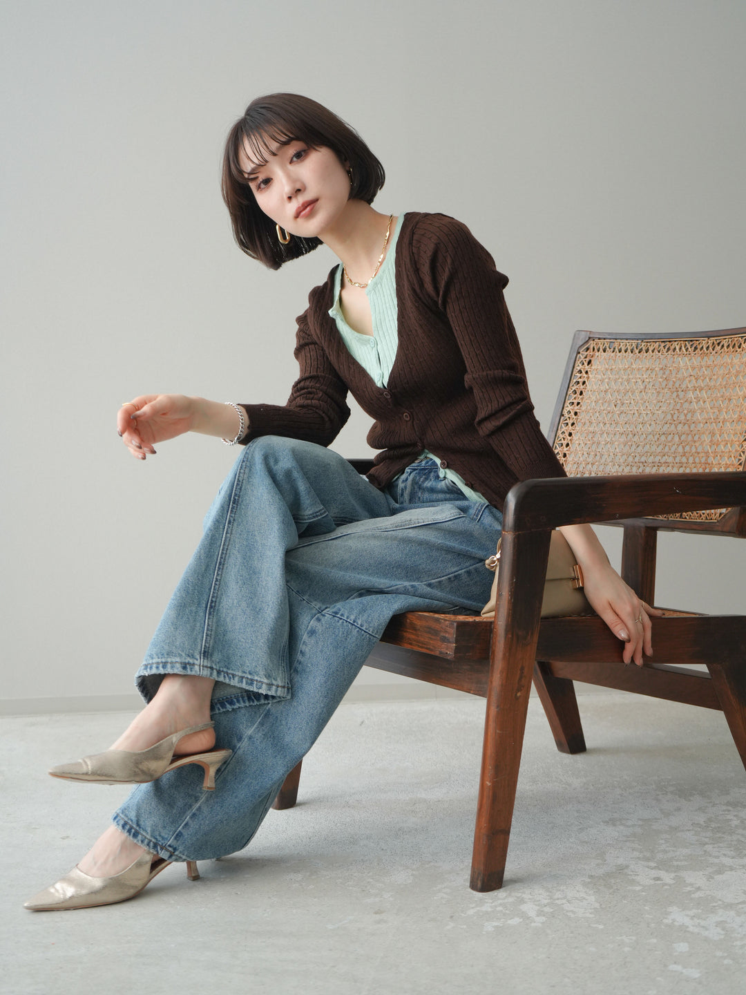 [予約]バイカラーレイヤードニットカーディガン/brown