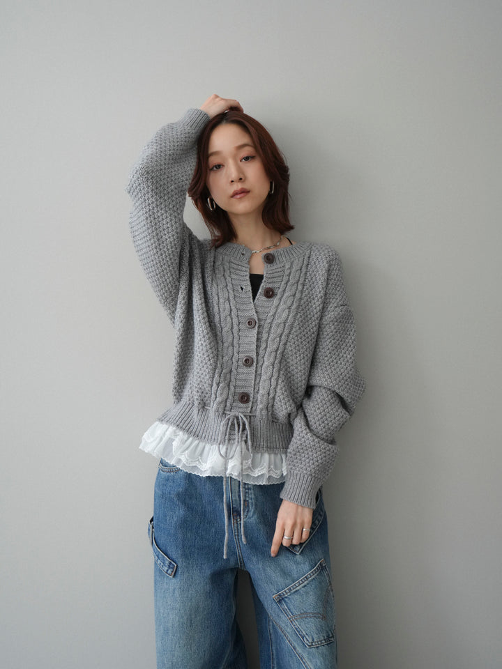 [SET]裾レースケーブルニットカーディガン+ペインターカーブデニムパンツ(2set)