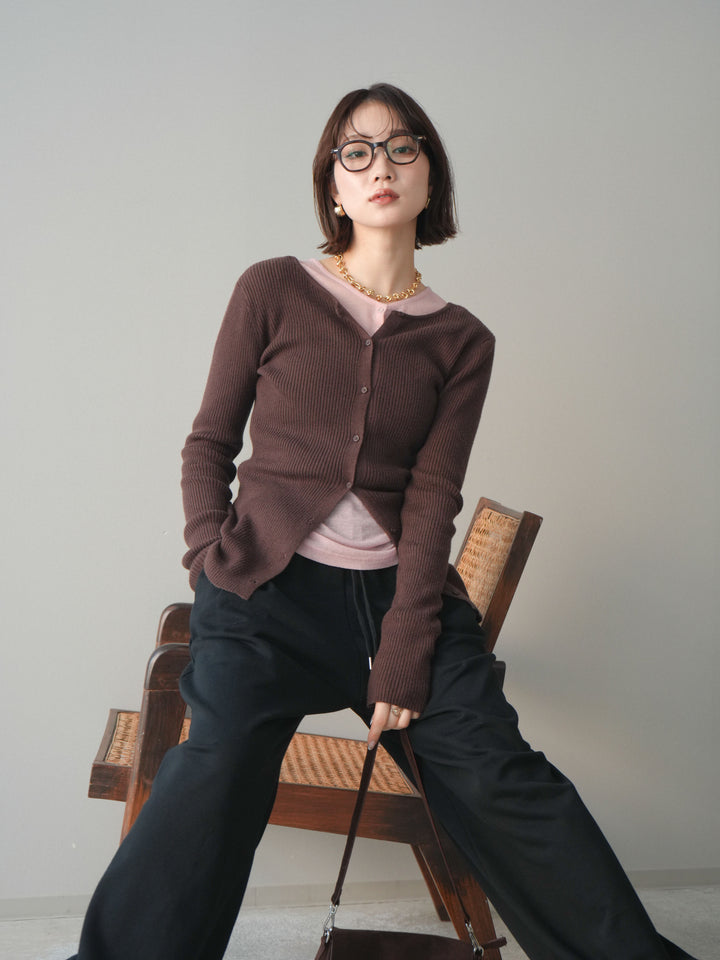 [予約]前後2WAYリブ編みクルーネックカーディガン/darkbrown