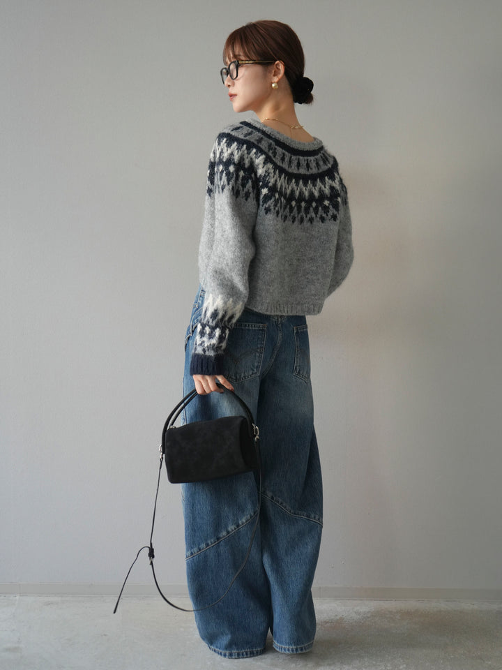 【着回しセット】[SET]求心柄クロップドニットカーディガン+ミックスヤーンペイズリー柄ニットカーディガン+ペインターカーブデニムパンツ(3set)