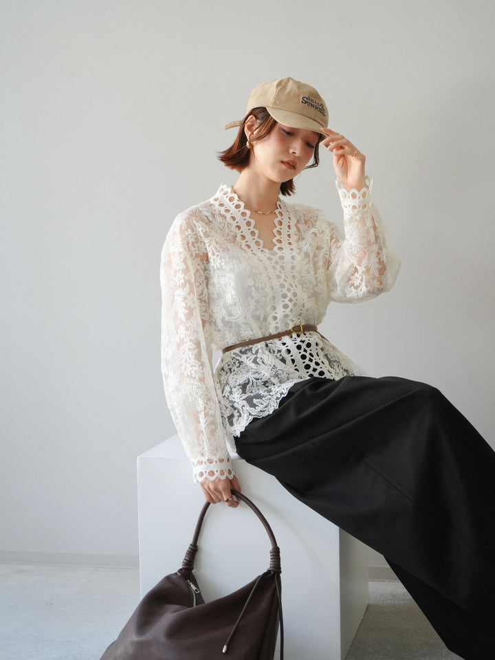 [予約]カットワークレースシアーブラウス/white
