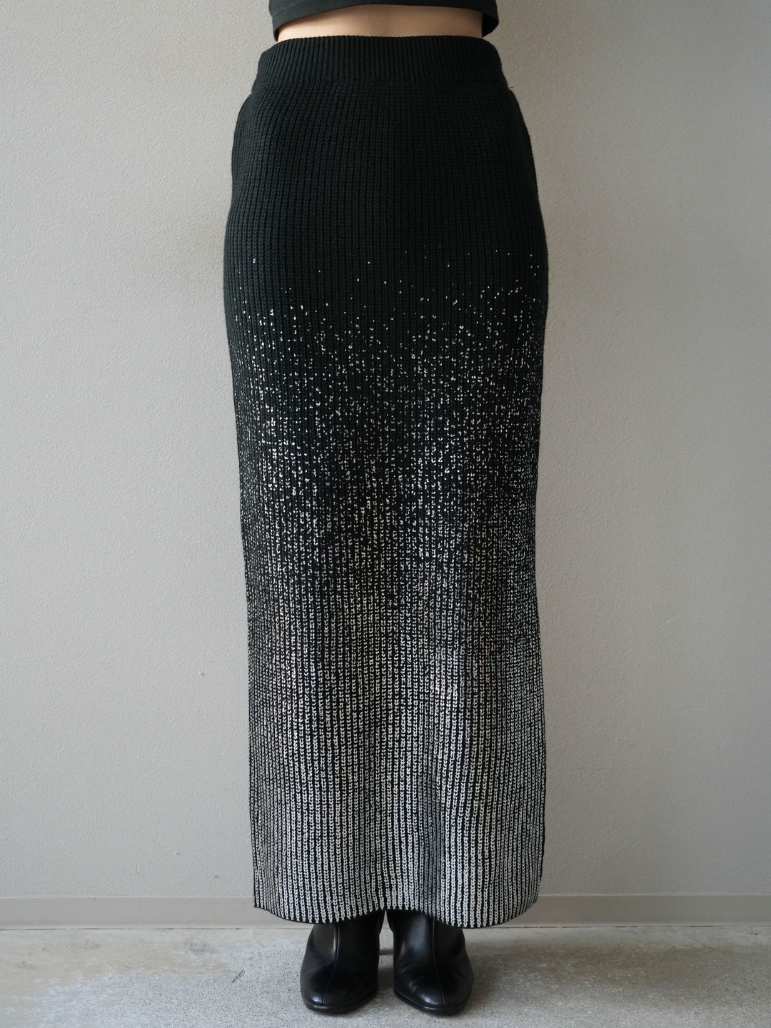[予約]箔プリントニットタイトスカート/black