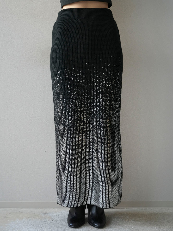 [予約]箔プリントニットタイトスカート/black