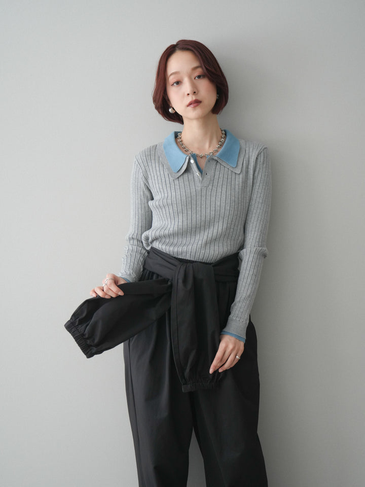 [予約]ダブル襟ポロリブニットトップス/gray