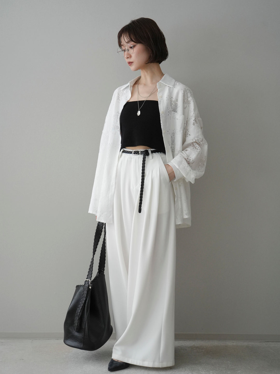 [予約]編み込みベルト付タックワイドパンツ/white