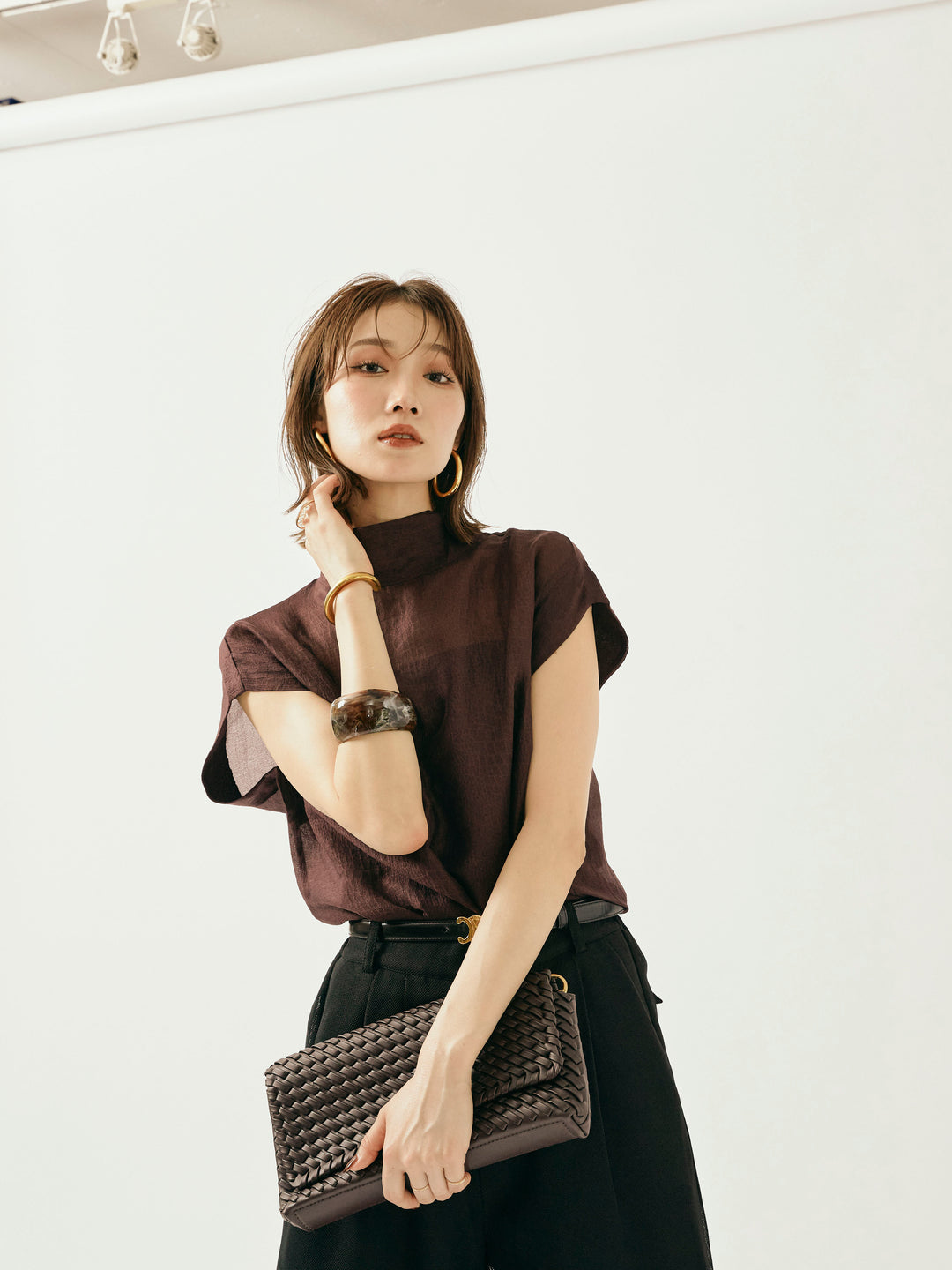 【Allure】[SET]シャイニーシアーブラウス+メッシュタックワイドパンツ(2set)