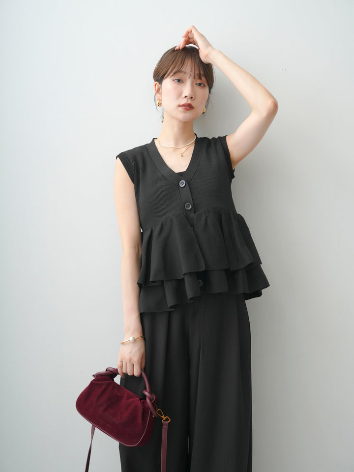 [予約]ダブルフリルペプラムノースリニットトップス/black