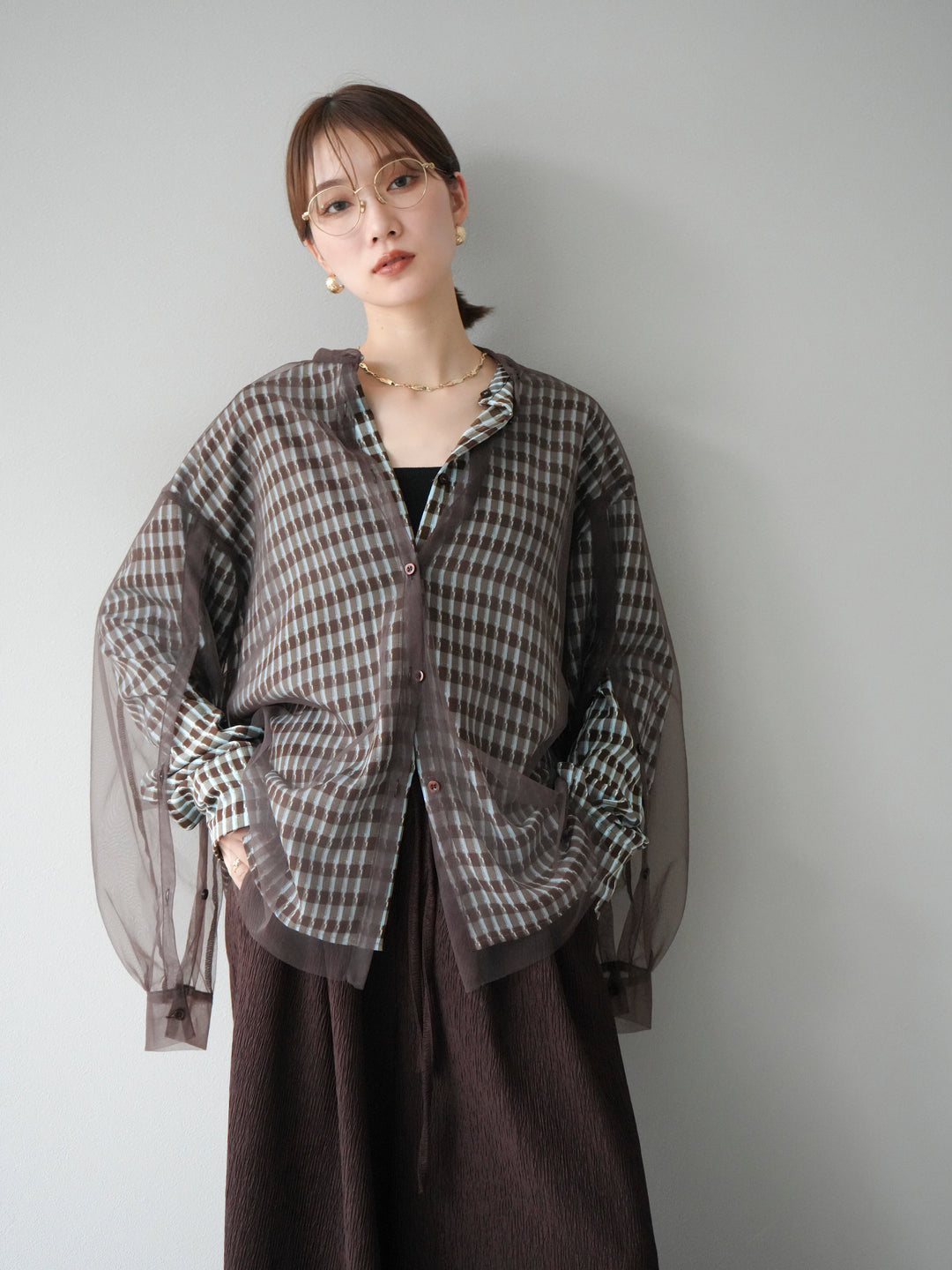 [予約]2WAYスリーブチュールシャツ/ブラウン