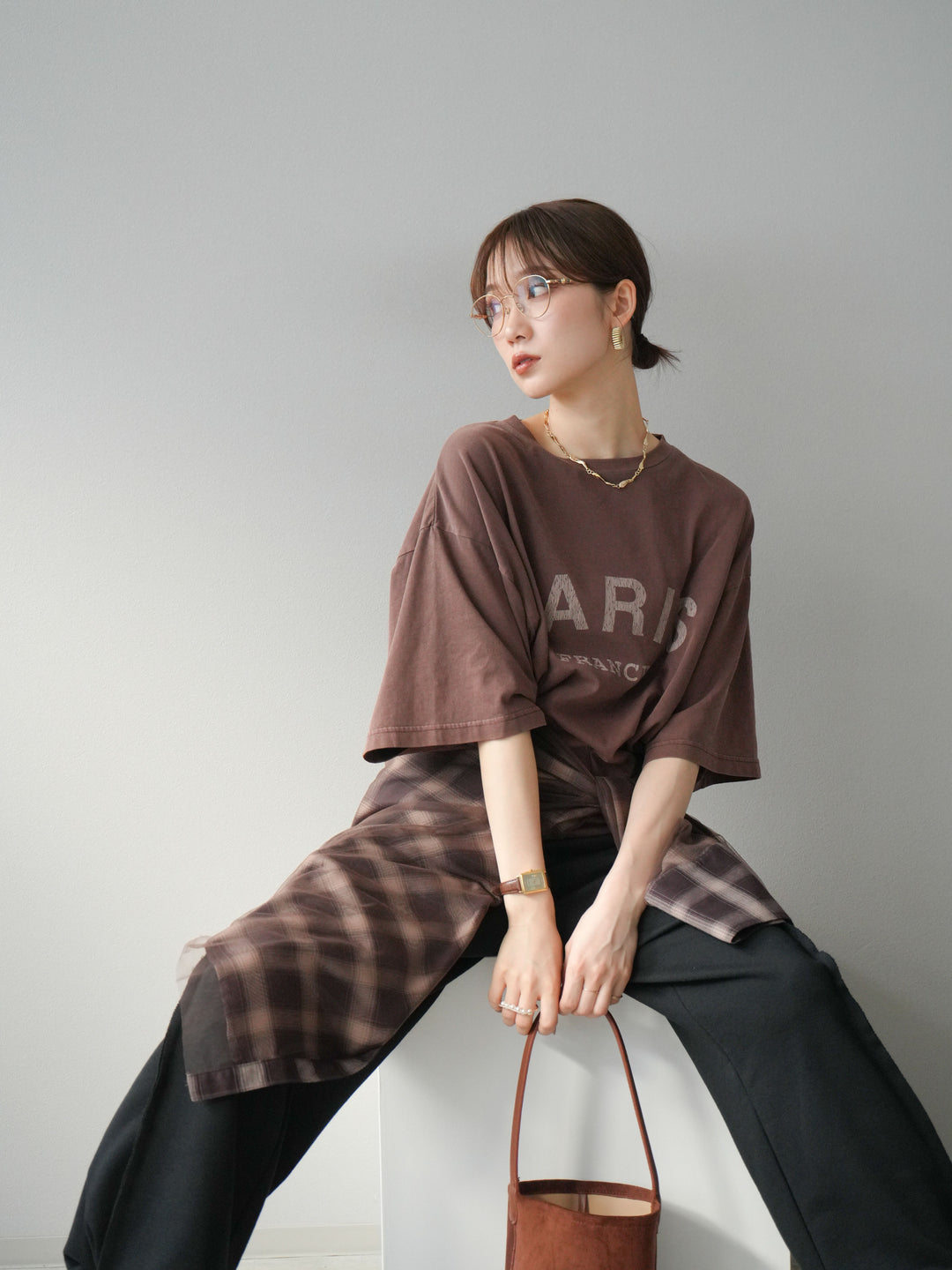 [SET]ピグメントロゴプリントTシャツ+2WAYデザインスウェットパンツ+チュールドッキングチェック柄オーバーサイズシャツ(3set)