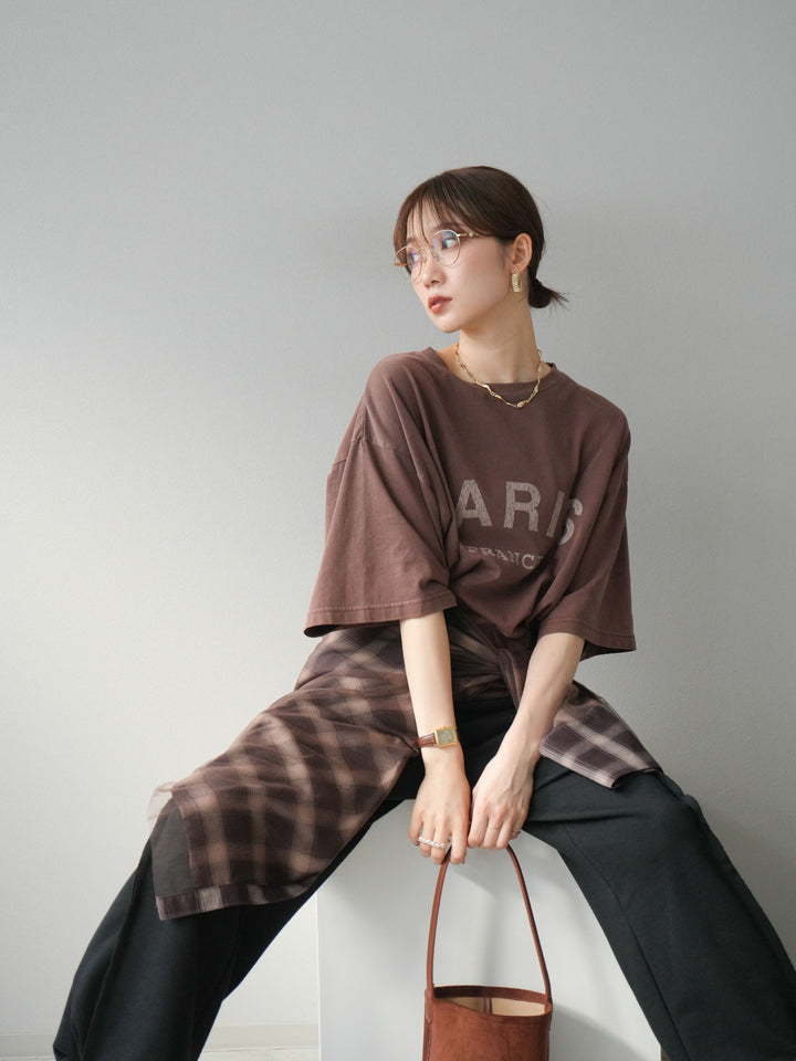 [SET]ピグメントロゴプリントTシャツ+2WAYデザインスウェットパンツ+チュールドッキングチェック柄オーバーサイズシャツ(3set)