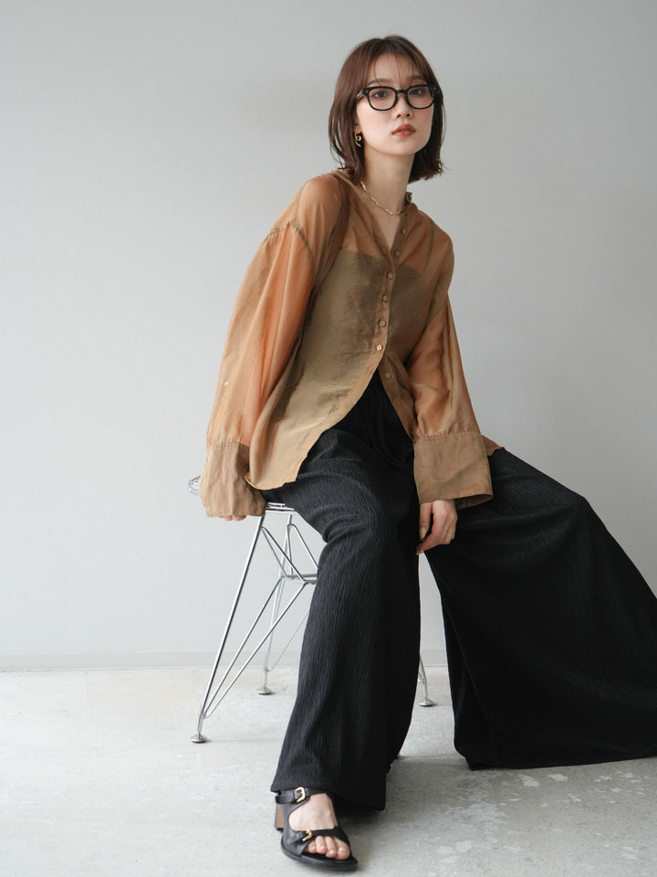 [SET] 亮面透視立領襯衫 + 柳葉寬褲 (2set)