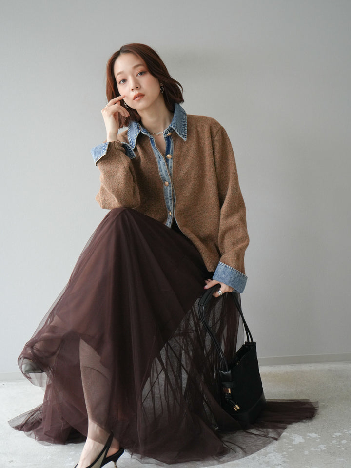 [SET]デニム襟ボタンニットカーディガン+チュールボリュームスカート(2set)