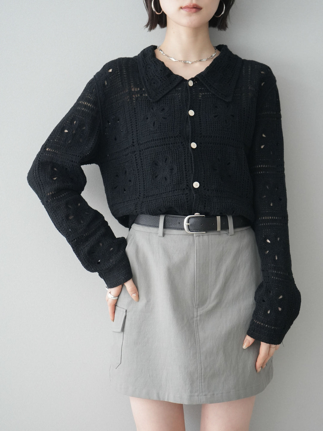 【套裝】拼接鉤針針織開襟衫+繫帶工裝迷你裙（兩件組）