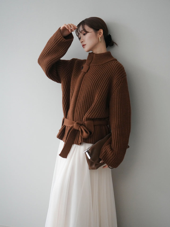 [予約]畦編みボトルネックZIPニットカーディガン/brown