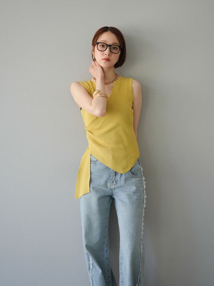 [SET]カシュクールノースリーブニットトップス+ラインレースデニムパンツ(2set)