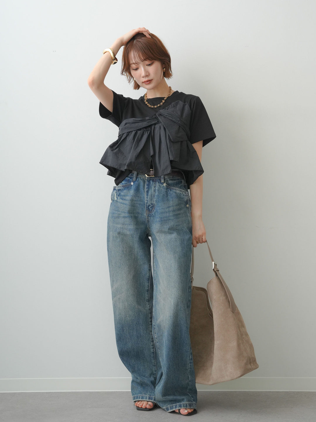 [SET]ナイロンドッキングツイストTEE +ストーンウォッシュルーズフィットデニム(2set)