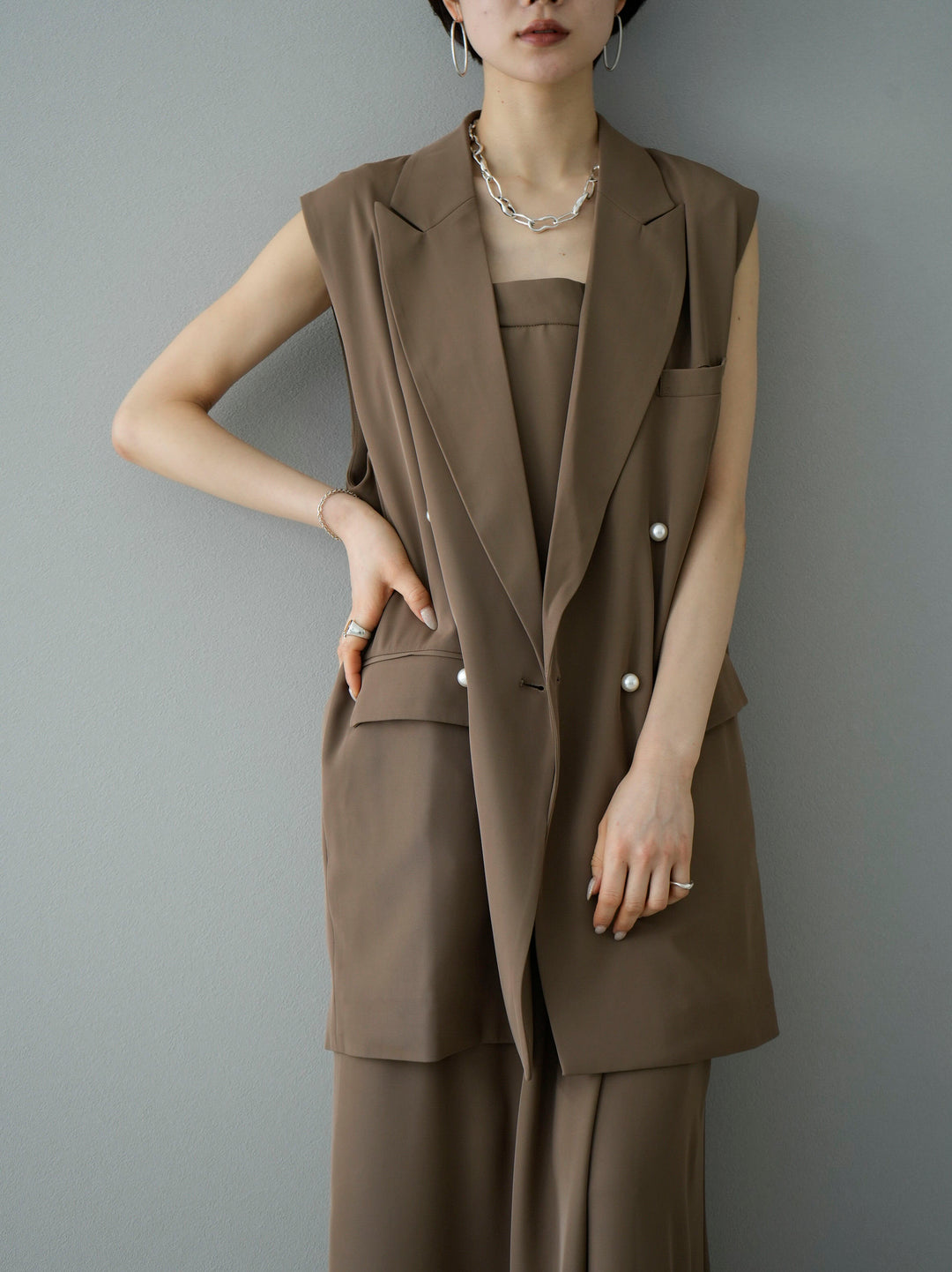 [SET] Pearl button tailored jacket vest + draped asymmetric all-in-one (2set)