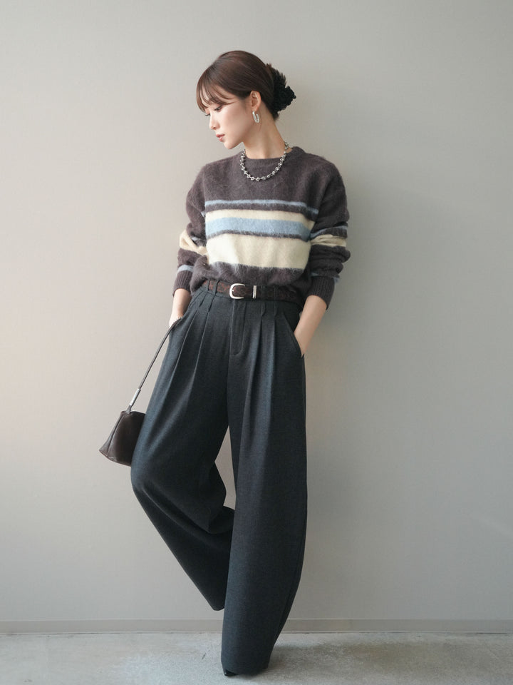 [予約]アニマル柄ベルト付きウールタッチワイドパンツ/charcoal