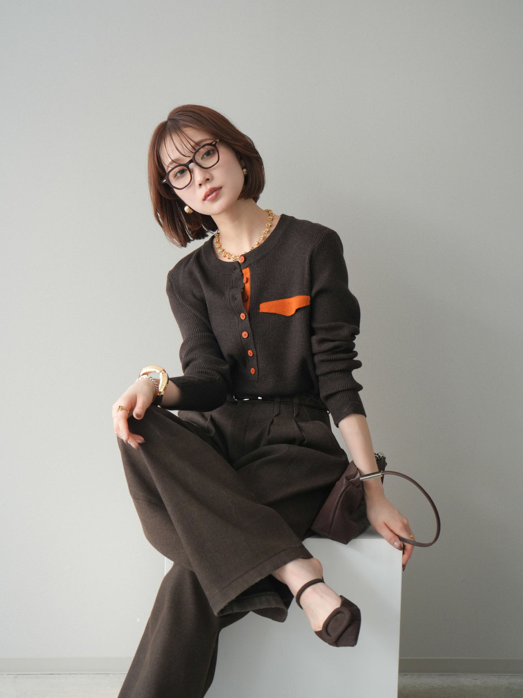 [SET]バイカラーデザインポケット配色ヘンリーネックニットソー+アニマル柄ベルト付きウールタッチワイドパンツ(2set)