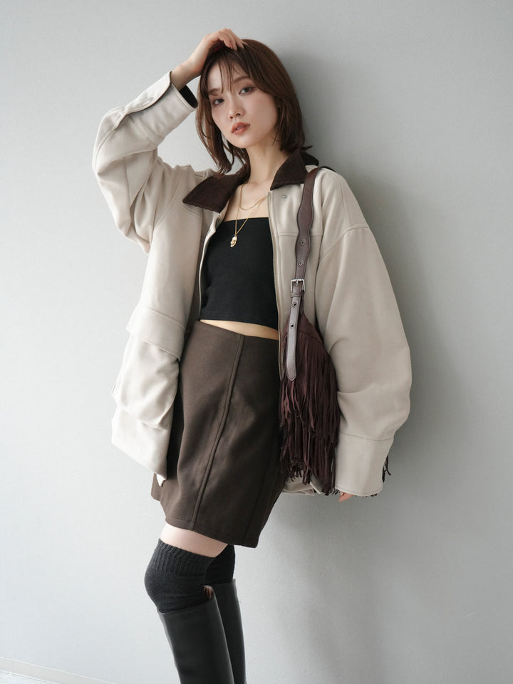 [予約]コーデュロイ襟スウェードミドルジャケット /エクリュ