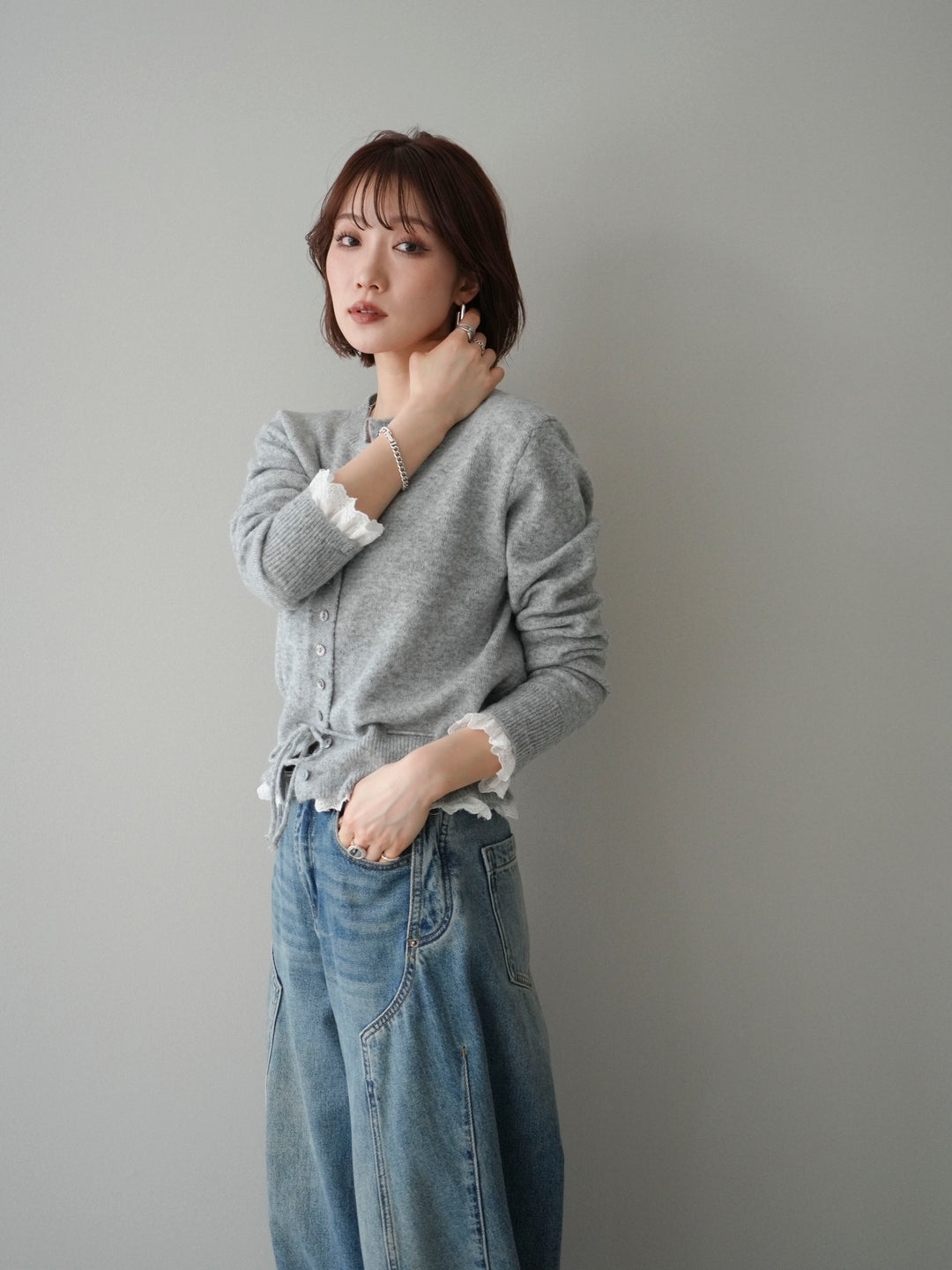 [SET]スカラップレース切り替ニットカーディガン+選べるアクセセット(2set)