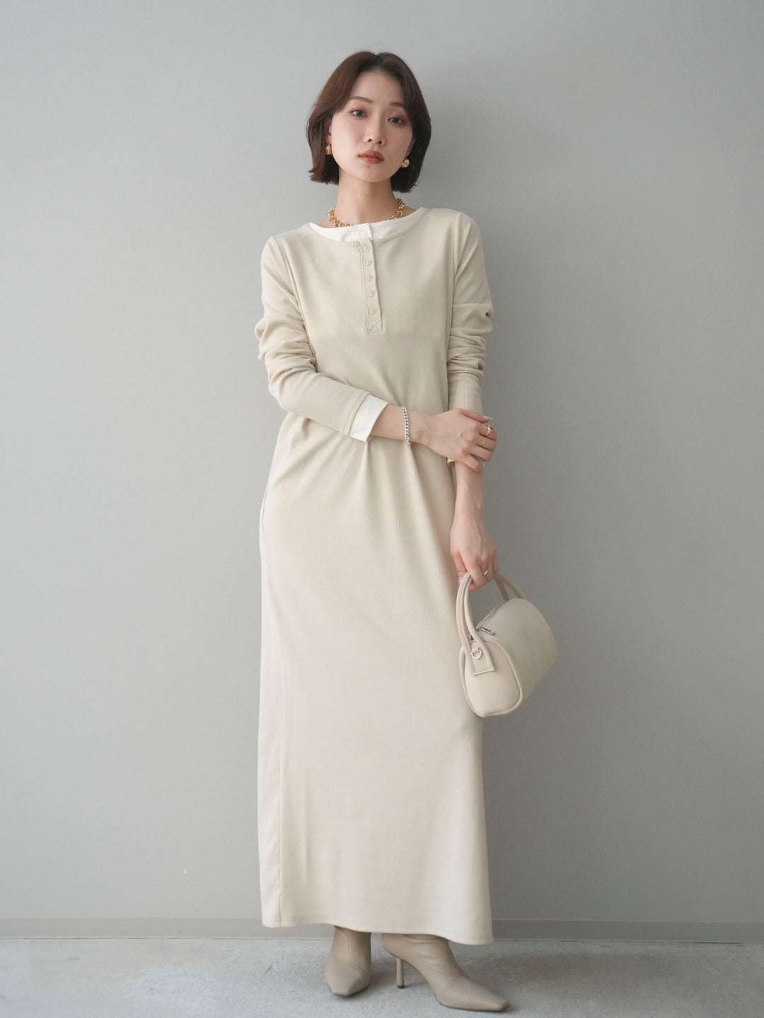 [予約]配色レイヤードヘンリーネックカットリブワンピース/ivory