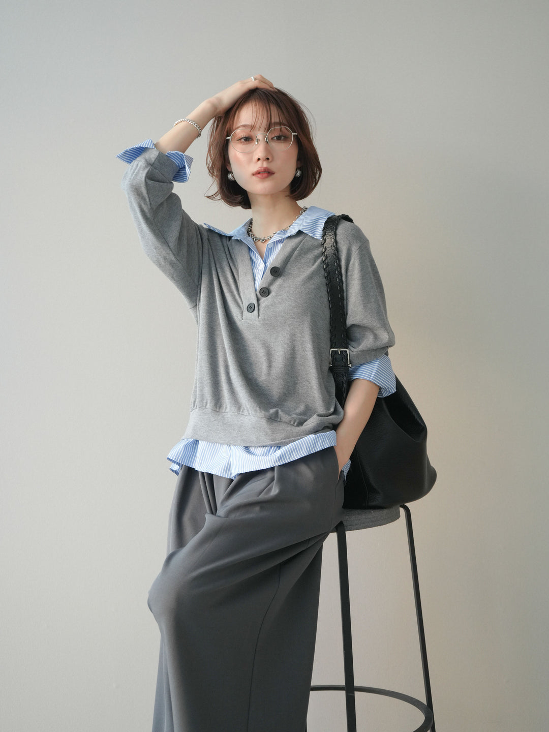 [予約]シャツレイヤードデザインカットプルオーバー/lightgray