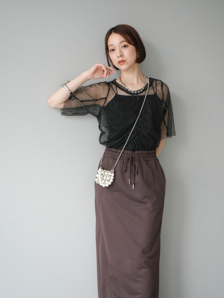 [SET]ラメチュールシャーリングプルオーバー+ダブルストラップカットリブブラキャミソール(2set)