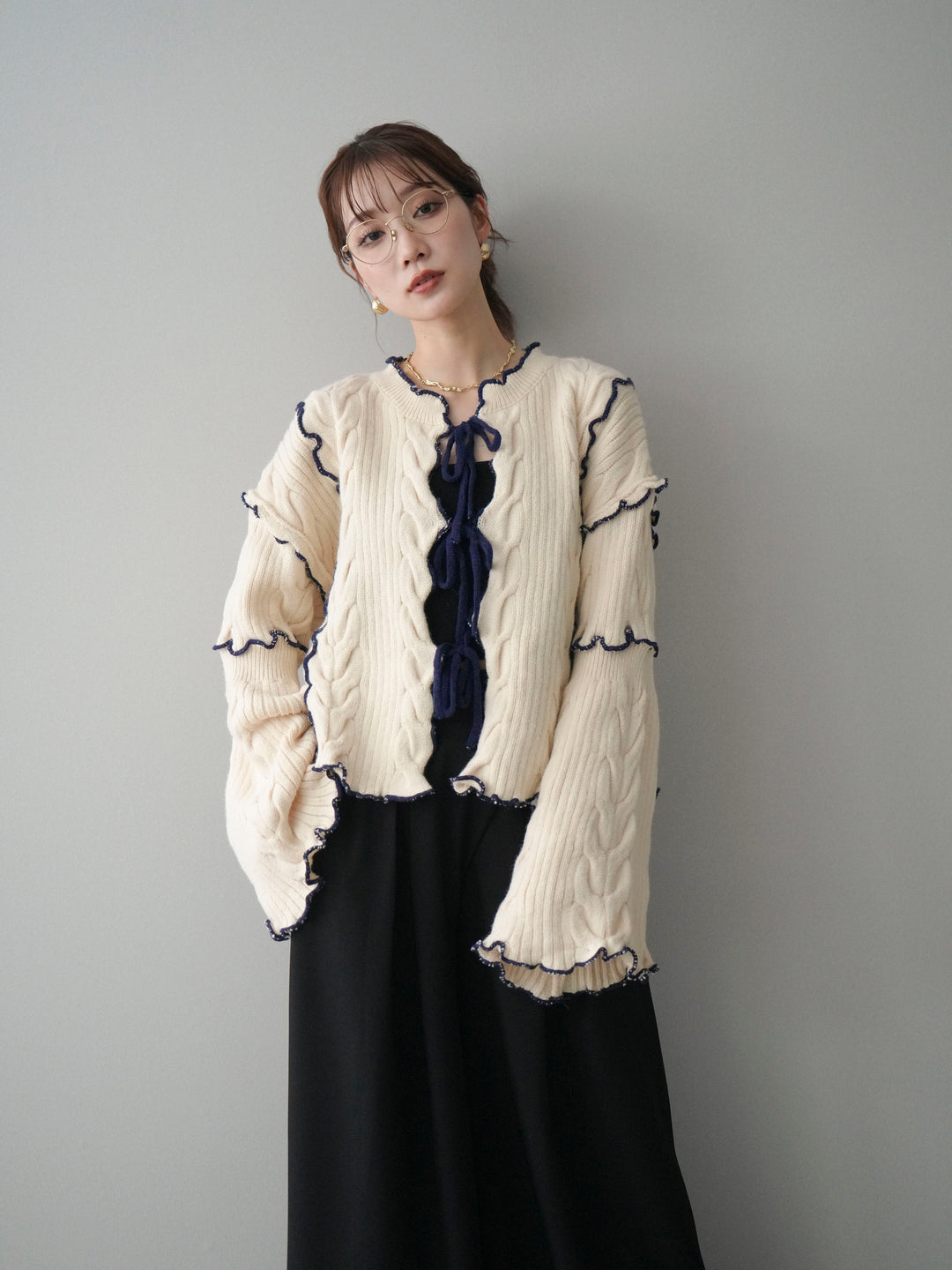 [予約]フロントリボン配色メローニットカーディガン/ivory