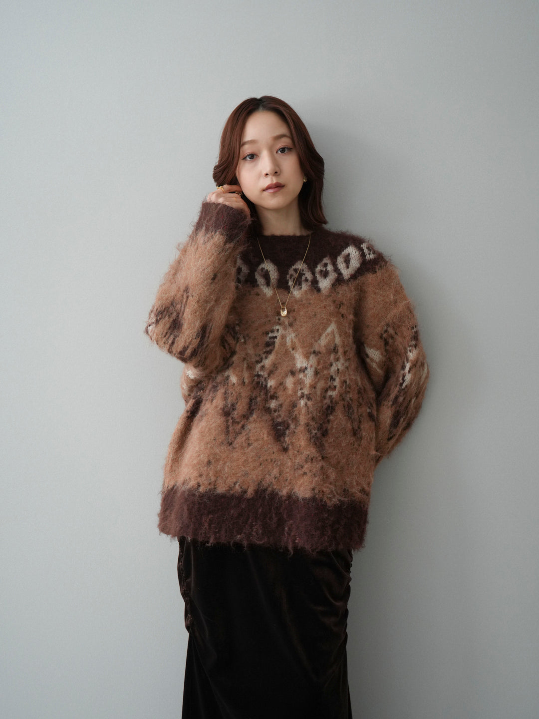 [SET]シャギーニュアンス柄ニットプルオーバー+ギャザーベロアスカート(2set)